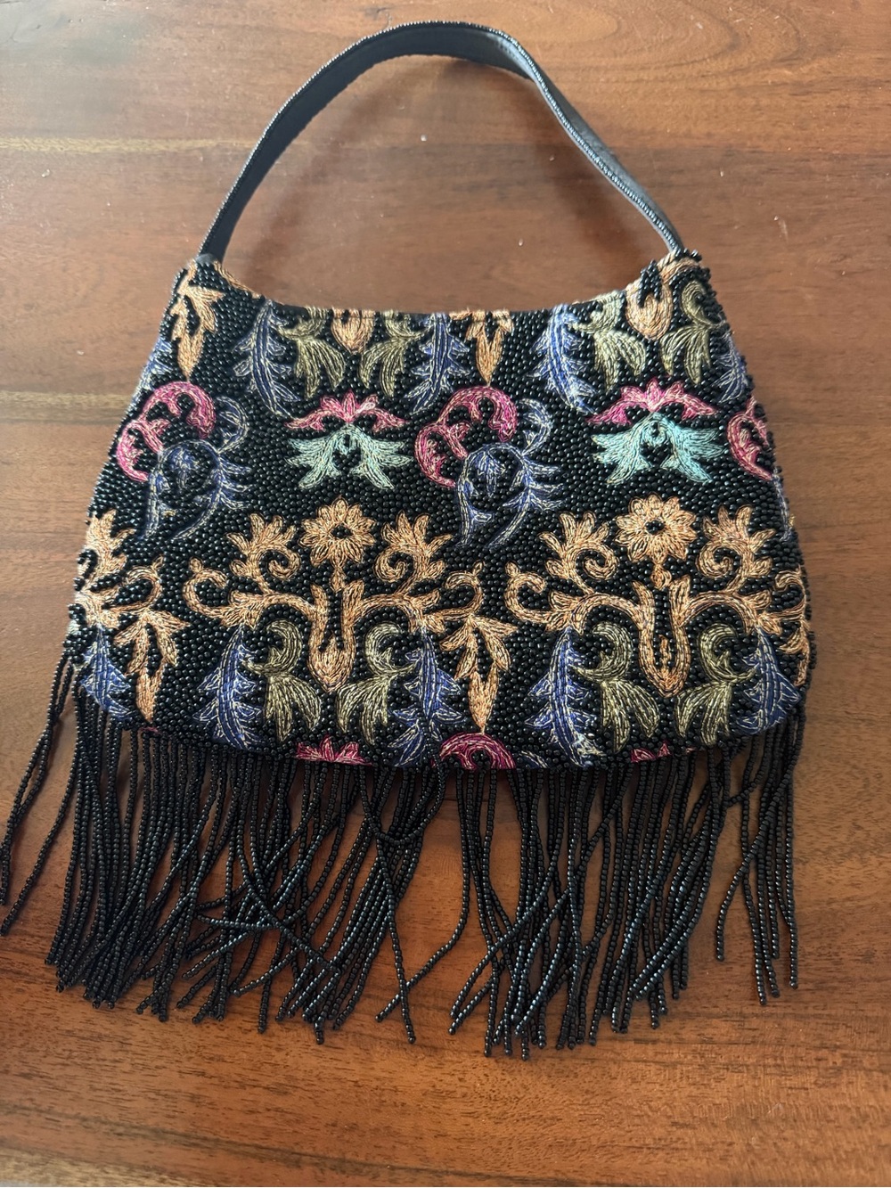 Franchi Beaded Fringe Evening Bag in Black with Multicolor Floral Embroidery
